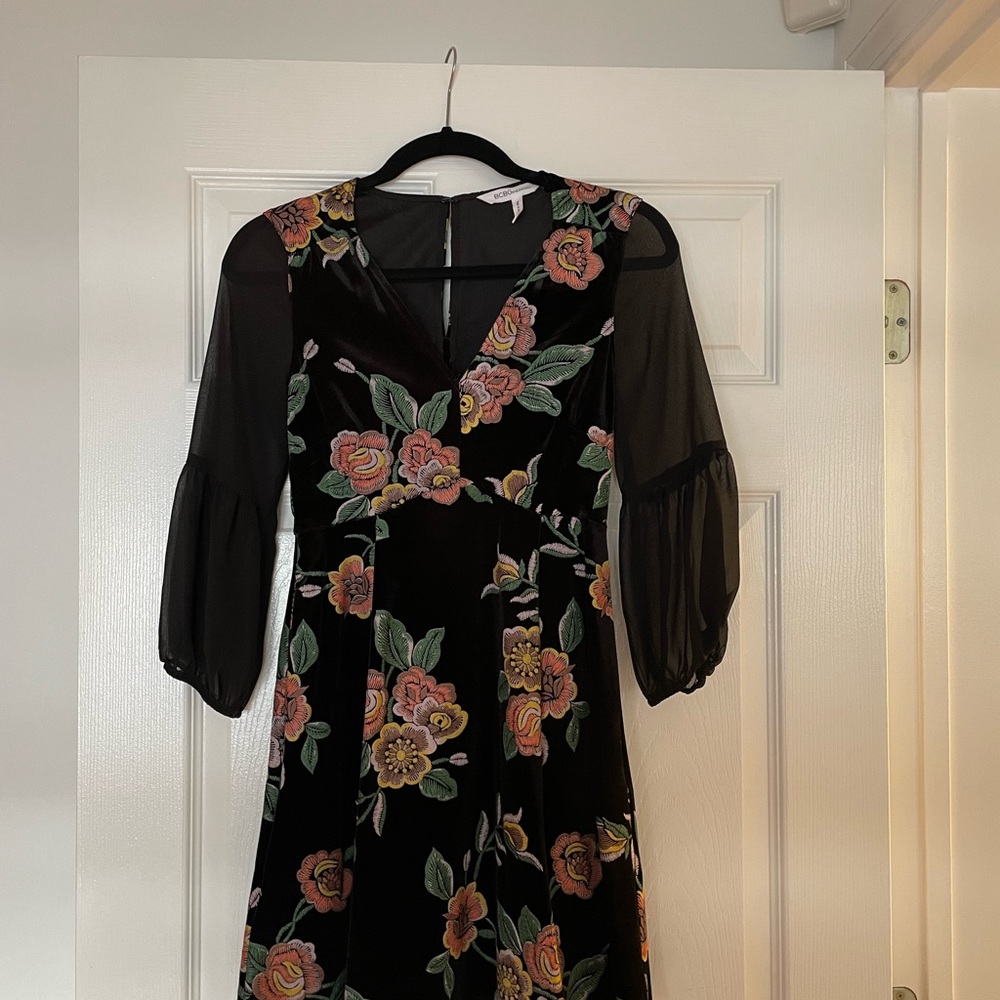 Floral Black Dress with Sheer Sleeves